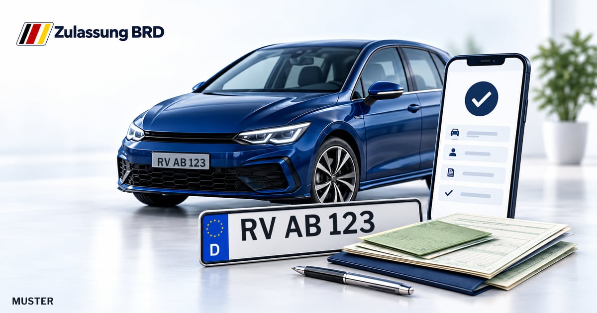 Online Fahrzeugzulassung in Landkreis Ravensburg: Musterkennzeichen RV AB 123, Auto und Fahrzeugpapiere und Smartphone. Illustration mit Logo von Zulassung BRD.